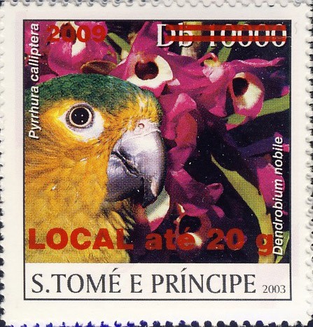 Parrot & red flower - red - LOCAL ate 20g - Issue of Sao Tome and Principe postage stamps
