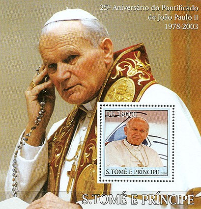 Pope John Paul II (yellow border) s/s - Issue of Sao Tome and Principe postage stamps