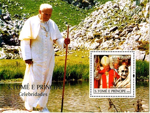 Pope & Gandhi Db 10000 - Issue of Sao Tome and Principe postage stamps