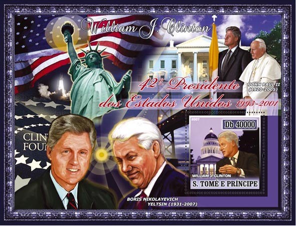 42nd American President - W.J. Clinton, Pope John Paul II, Yeltsin s/s - 40 000 Db - Issue of Sao Tome and Principe postage stamps