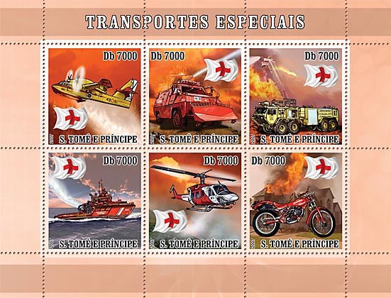 Special Transport (Fire Rescue Ship, Car, Moto, Helicopter) - Issue of Sao Tome and Principe postage stamps