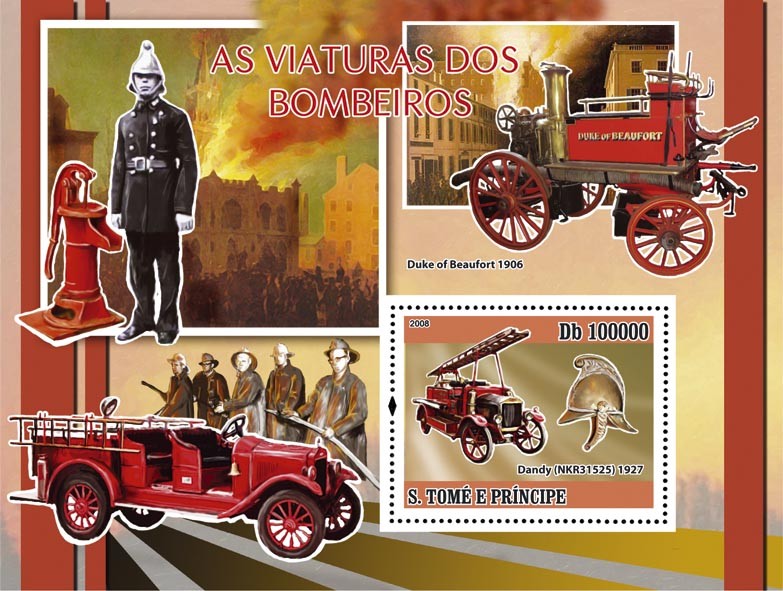 Fire Engines s/s - Issue of Sao Tome and Principe postage stamps