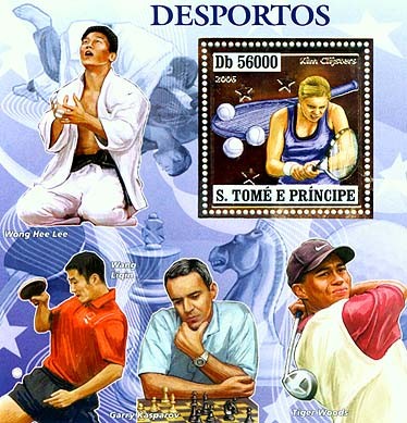 Sport players (G.Kasparov, W.H.Lee, W.Ligin, T.Woods) S/s 56000 - Issue of Sao Tome and Principe postage stamps