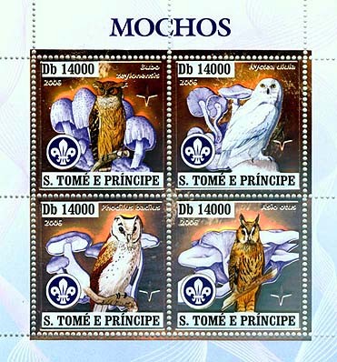 Owls, mushrooms, scouts  4v x 14000 - Issue of Sao Tome and Principe postage stamps