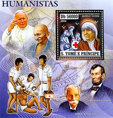 Humanists (Pope, A.Lincoln, A.Schweitzer,Gandi) S/s 56000 - Issue of Sao Tome and Principe postage stamps