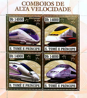 Speed trains (JR 500, Eurostar, AGV, TGV) 4v x 14000 - Issue of Sao Tome and Principe postage stamps