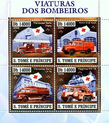 Old fire engines, red cross  4v x 14000 - Issue of Sao Tome and Principe postage stamps