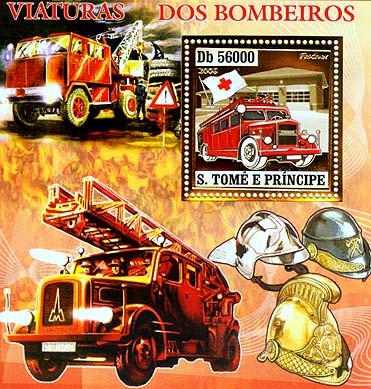 Old fire engines, red cross  S/s 56000 - Issue of Sao Tome and Principe postage stamps