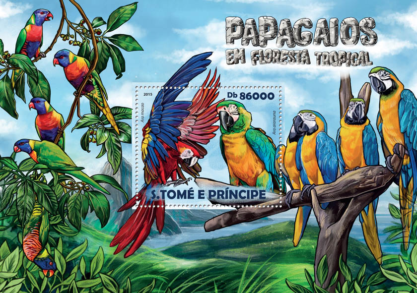 Rainforest parrots - Issue of Sao Tome and Principe postage stamps
