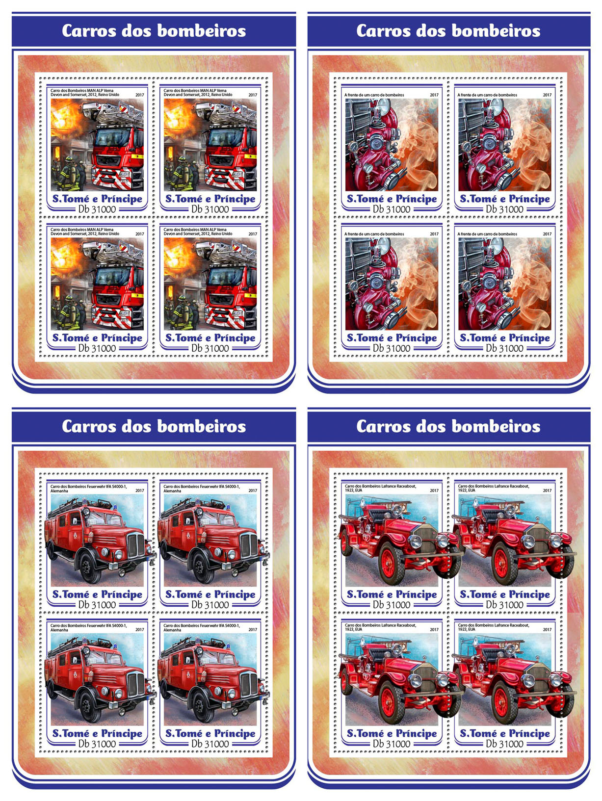 Fire engines - Issue of Sao Tome and Principe postage stamps