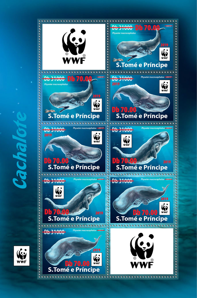 WWF overprint: whales 8v (red foil) - Issue of Sao Tome and Principe postage stamps