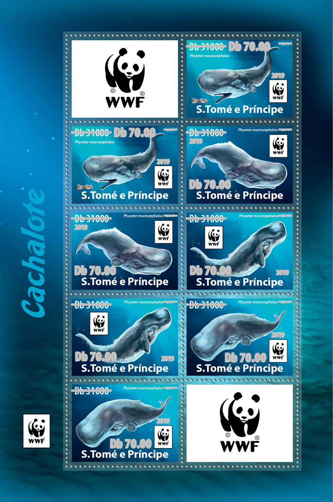 WWF overprint: whales 8v (silver foil) - Issue of Sao Tome and Principe postage stamps
