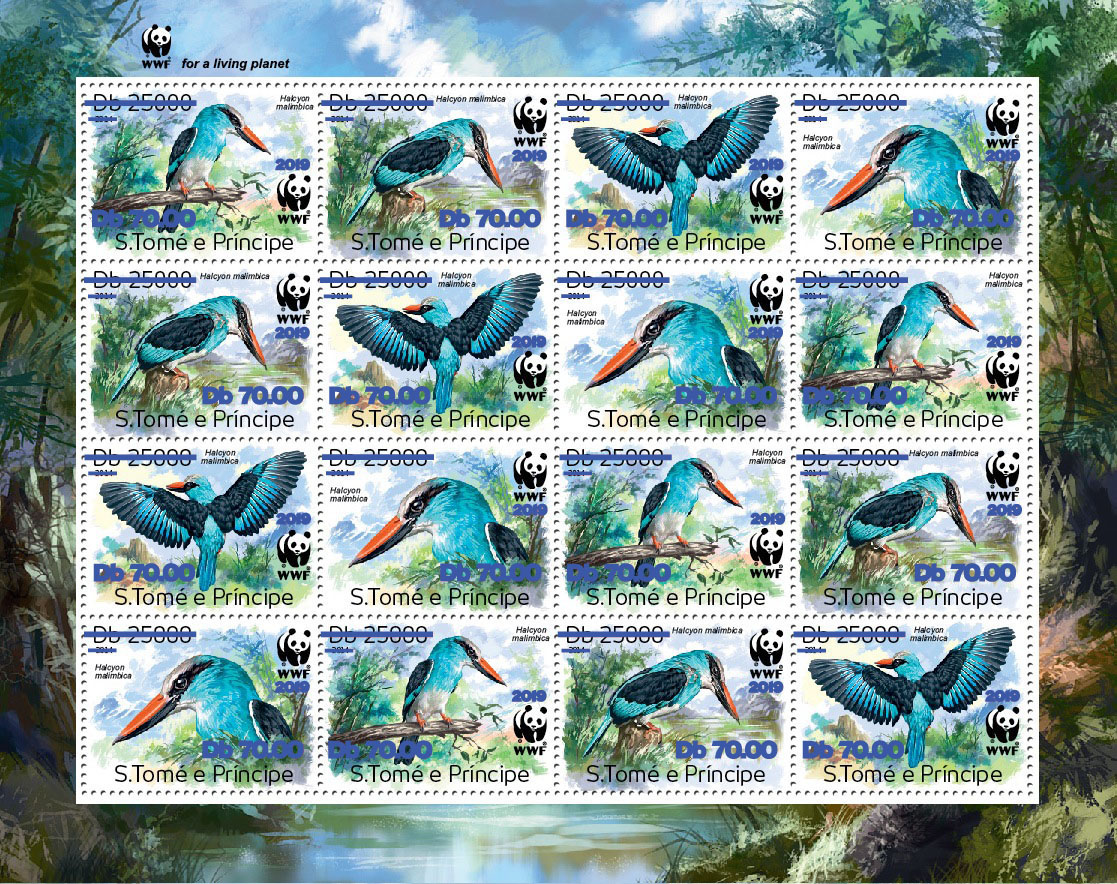 WWF overprint: birds 16v (dark blue foil) - Issue of Sao Tome and Principe postage stamps